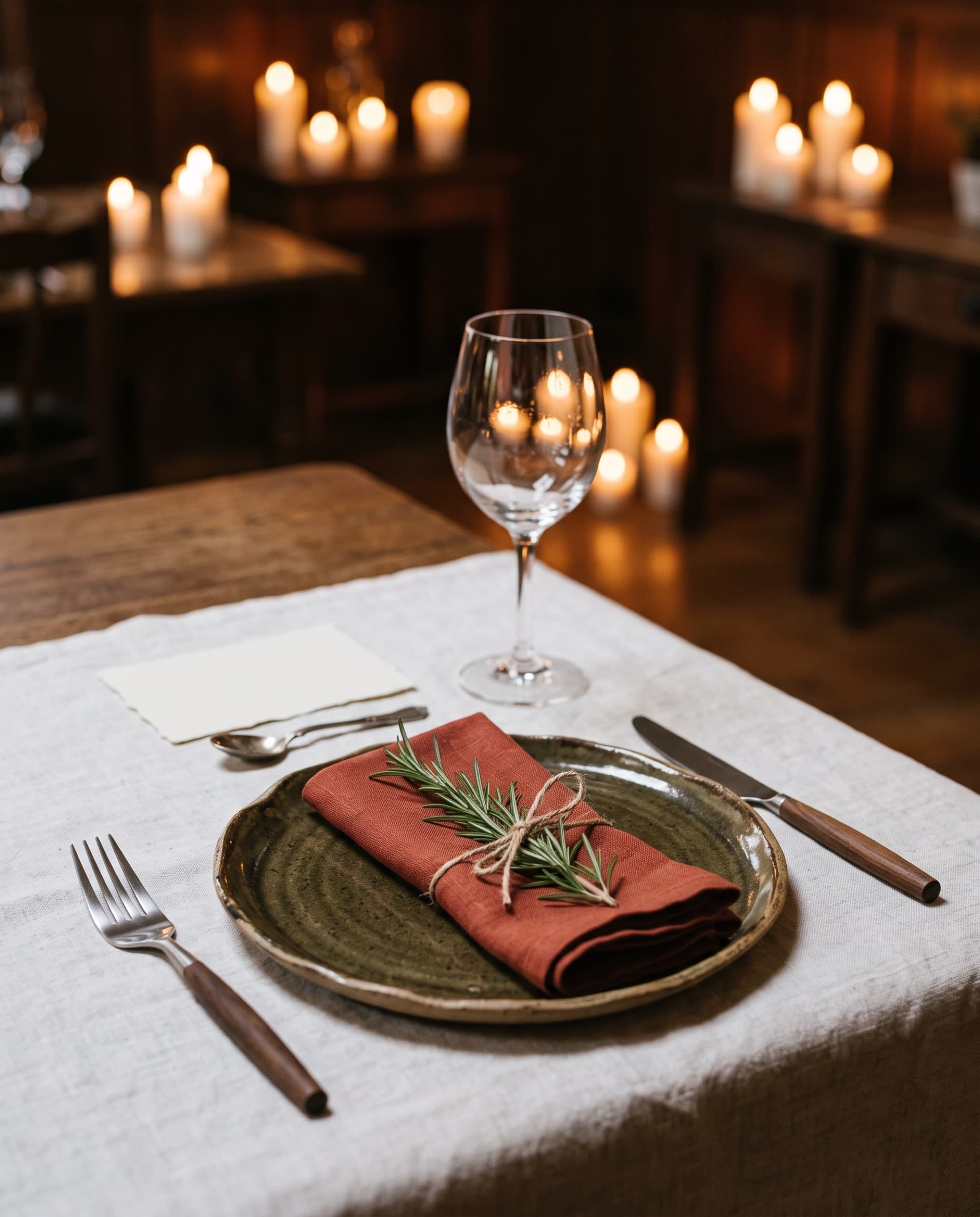 Couvert de mariage : assiette en grès, serviette en lin brique et brin de romarin (illustration)