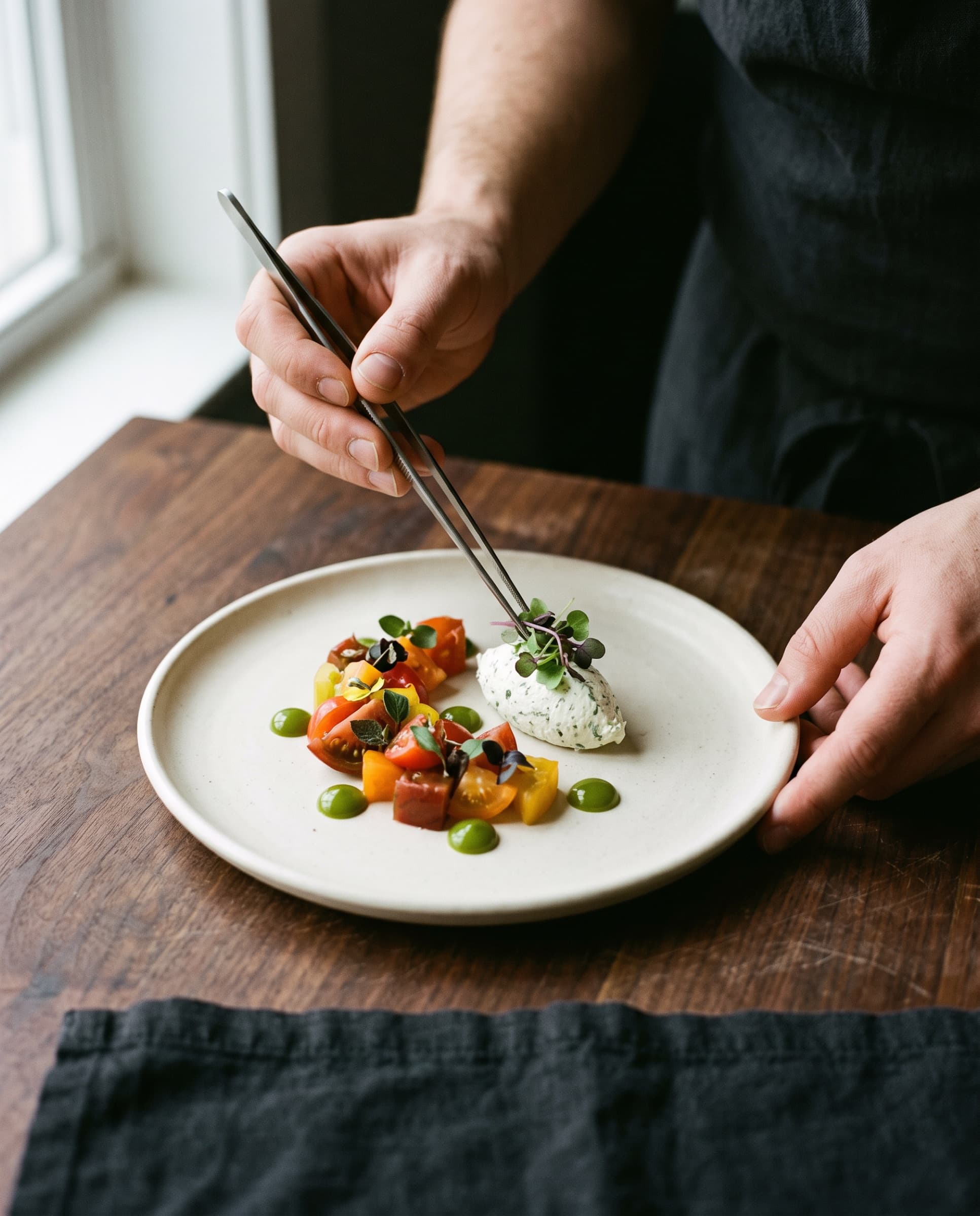 Mains qui dressent une entrée de tomates anciennes à la pince sur une assiette en grès (illustration)