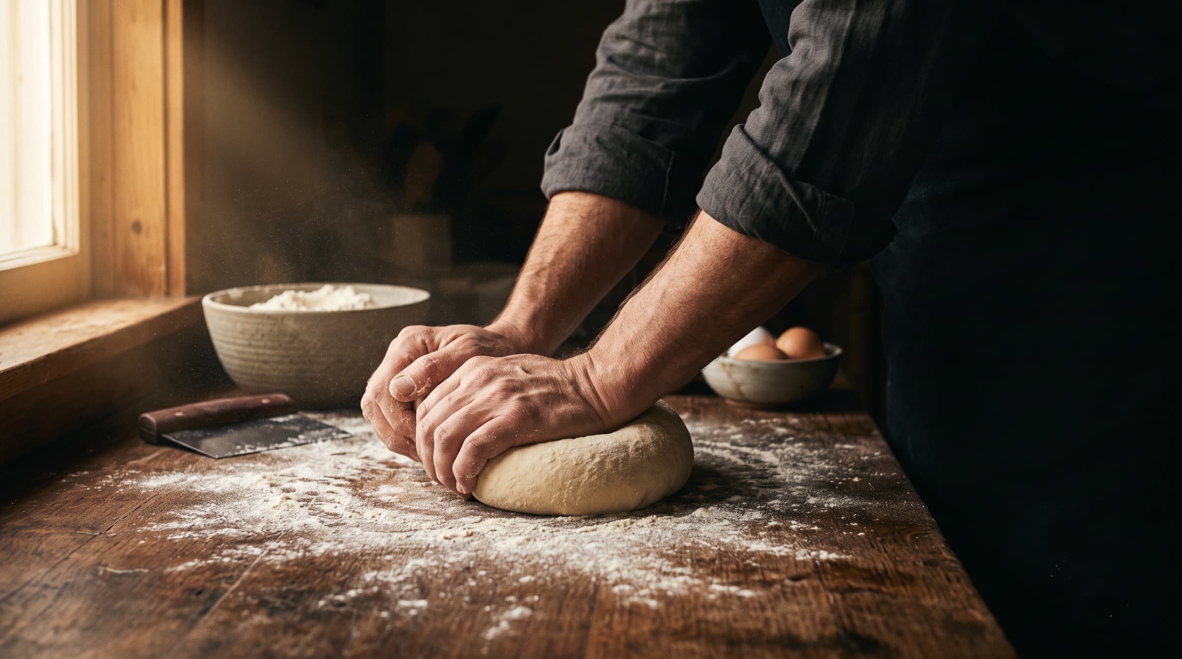 Mains qui pétrissent une boule de pâte sur un plan de travail fariné, dans un rayon de lumière (illustration)