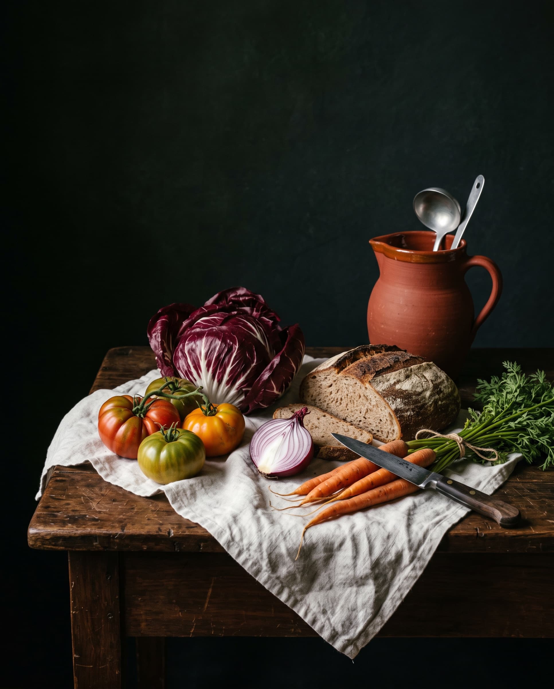 Nature morte sur une table en noyer : trévise, tomates anciennes, carottes, pain et linge blanc (illustration)