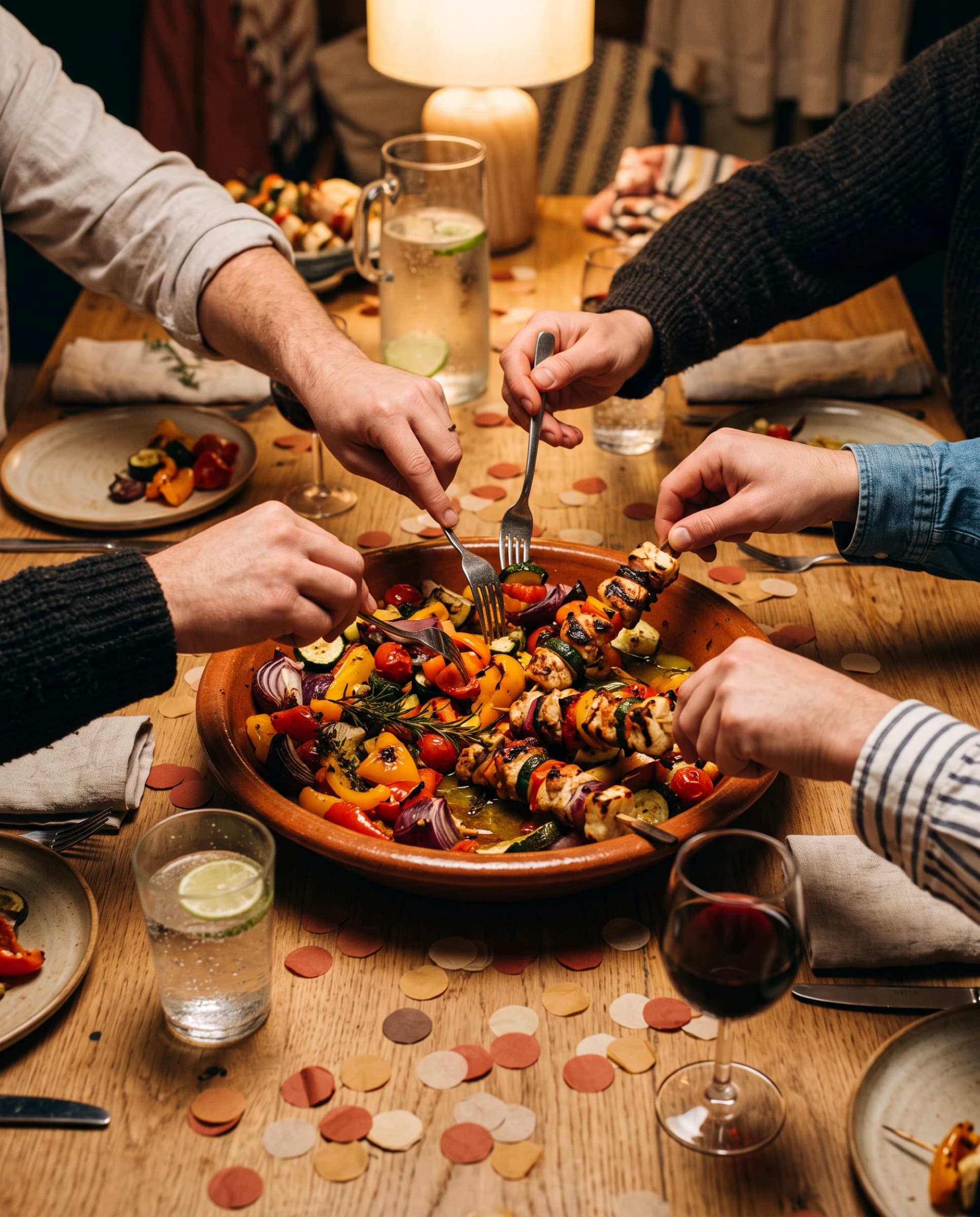 Mains qui se servent dans un grand plat partagé, confettis sur la table de fête (illustration)