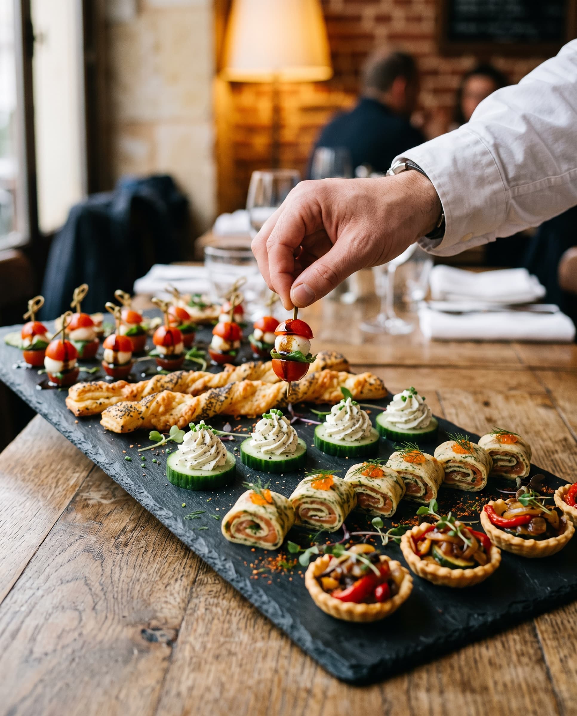 Main qui saisit une bouchée sur une ardoise de canapés salés alignés (illustration)