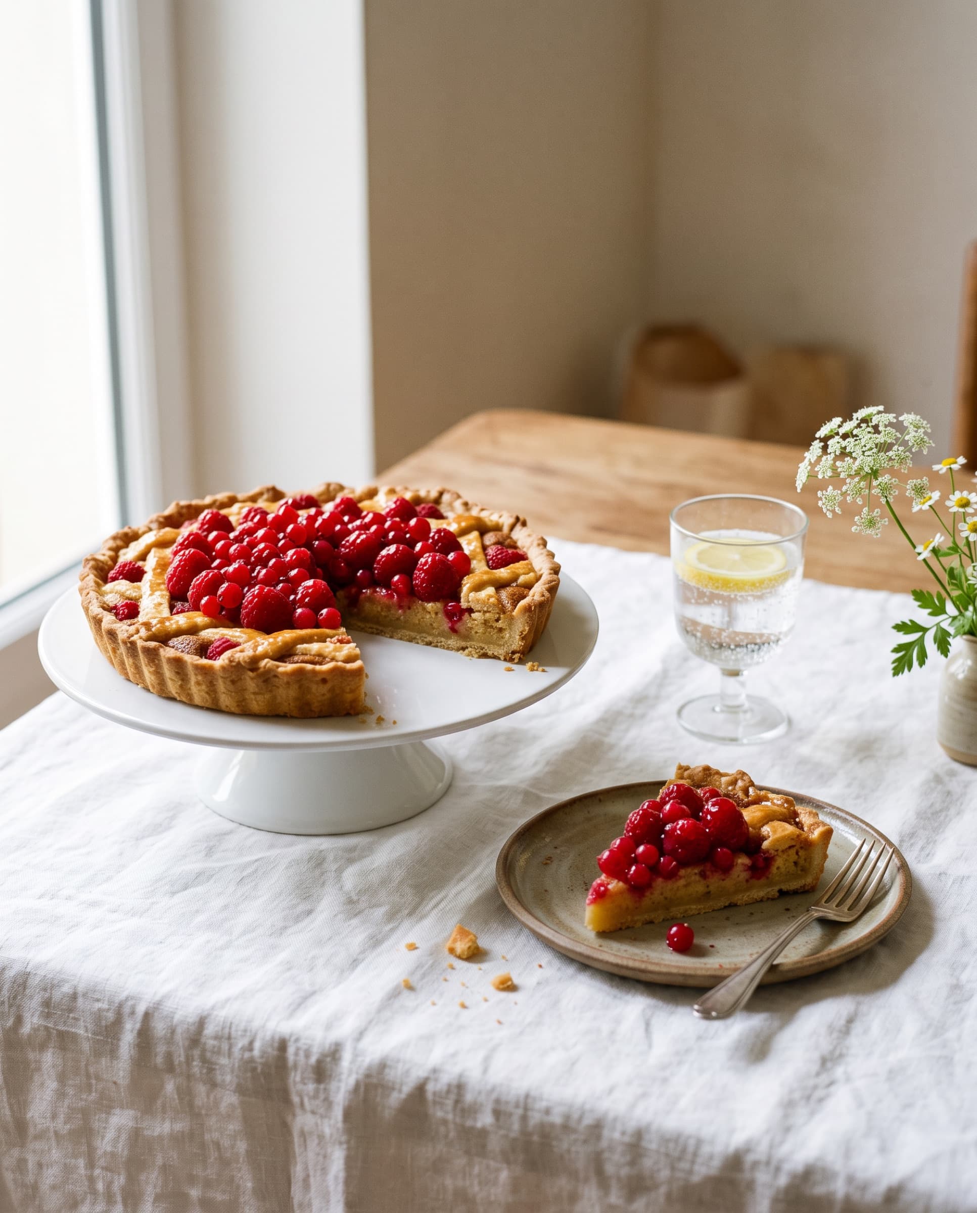 Tarte aux framboises et groseilles, une part servie sur une petite assiette (illustration)