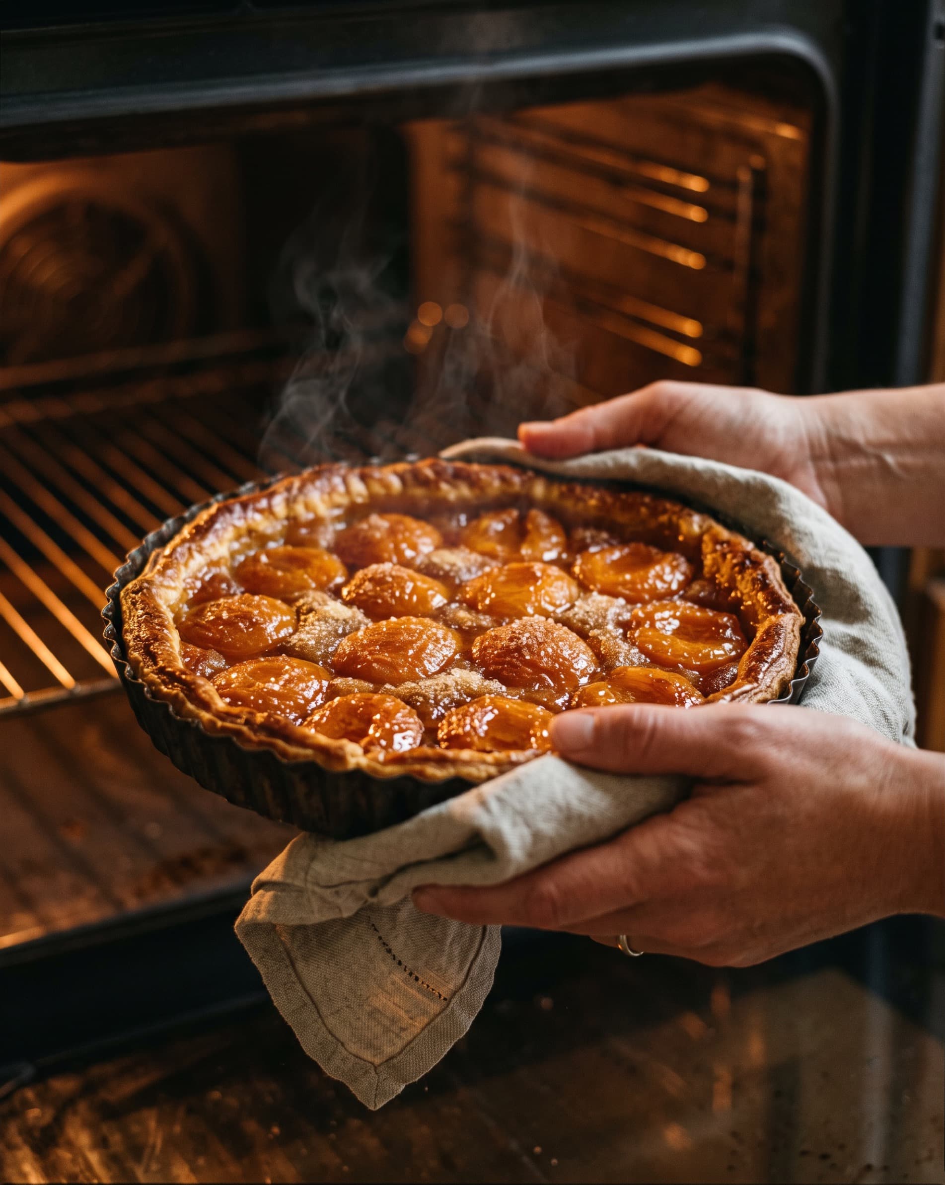 Mains tenant une tarte dorée tout juste sortie du four dans un torchon de lin (illustration)