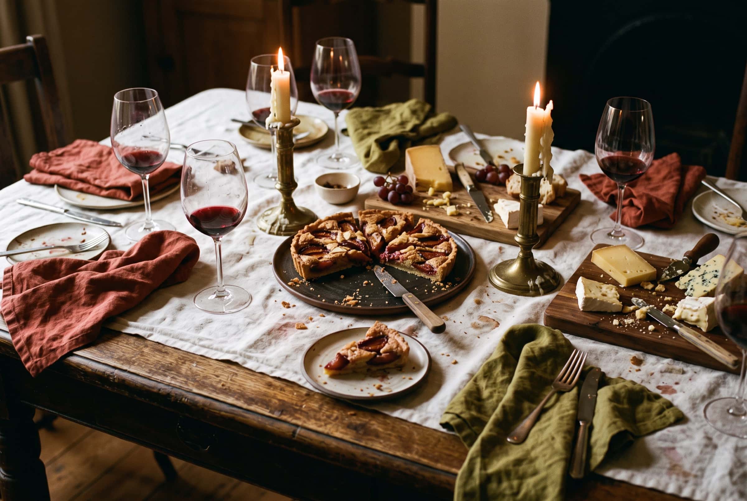 Fin de repas aux chandelles : verres à moitié vides, bougies consumées et tarte entamée (illustration)