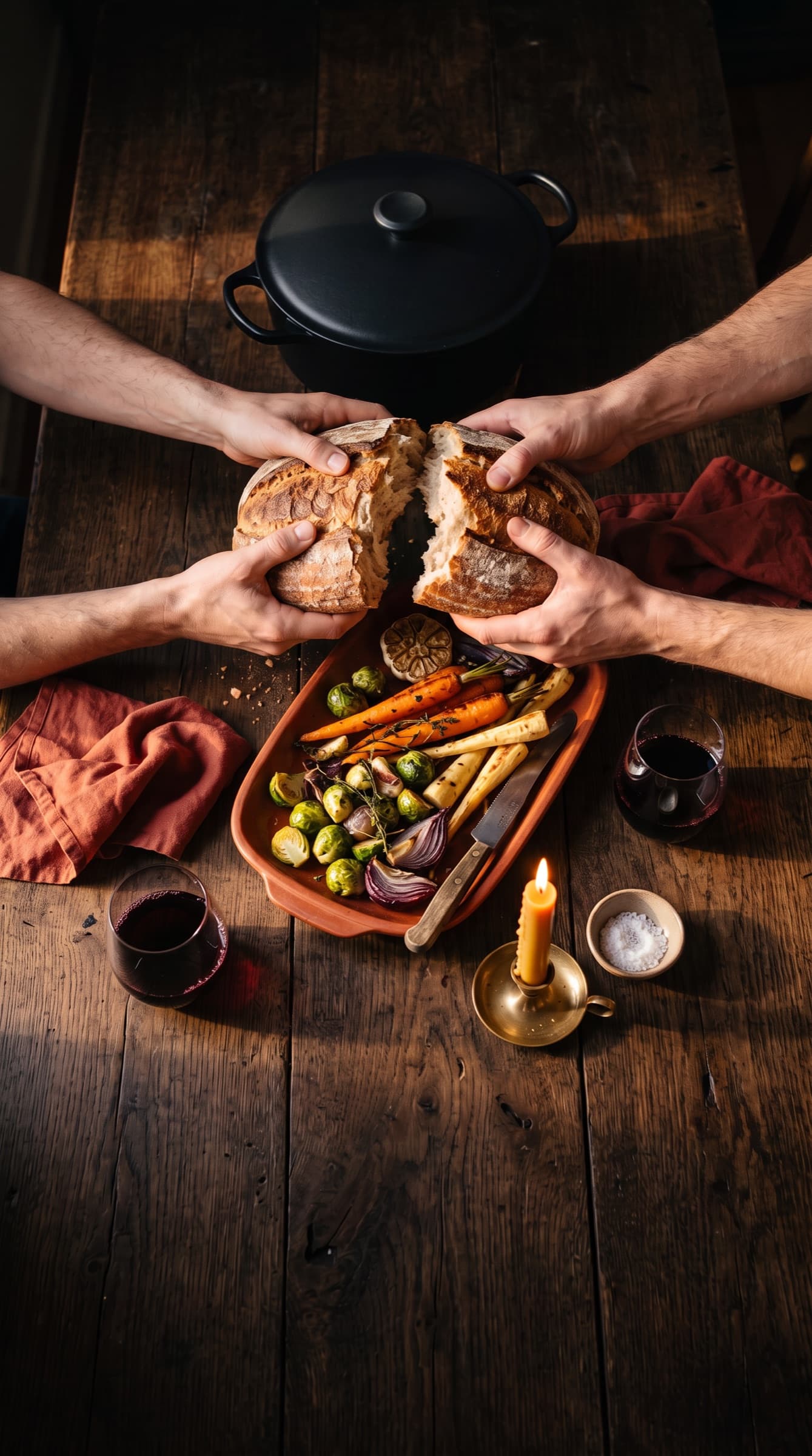 Mains qui rompent une miche de pain au-dessus de plats partagés et de verres de vin (illustration)